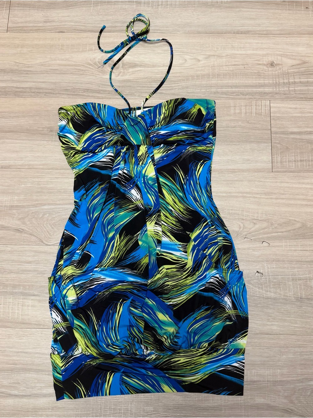 Strapless Blue & Green Print Y2K Dress